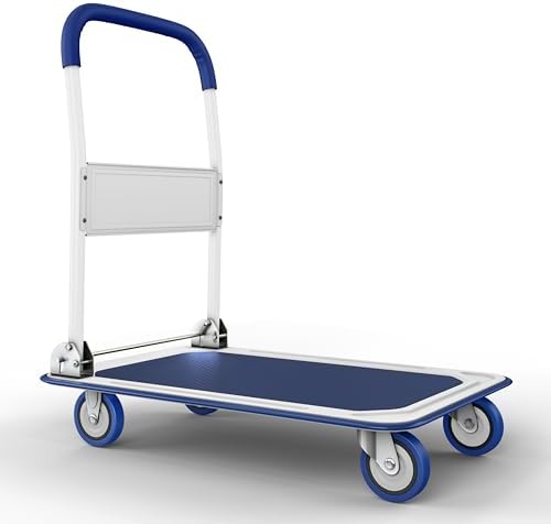 Heavy Duty Foldable Push Cart Dolly | 330 lbs. Capacity | Upgraded Collapsible Hand Truck Platform with Swivel Wheels | Flat Bed Moving Wagon | Space Saving Push Handle (Blue)