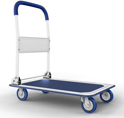 Heavy Duty Foldable Push Cart Dolly | 330 lbs. Capacity | Upgraded Collapsible Hand Truck Platform with Swivel Wheels | Flat Bed Moving Wagon | Space Saving Push Handle (Blue)