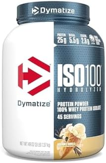 Dymatize ISO100 Whey Protein Powder Isolate, Vanilla, 25g of Protein, 3 Pound, 5.5g BCAAs, Less Than 120 Cal., Gluten Free, 1g Fat, 1g Sugar, 2g Carb (45 Servings)