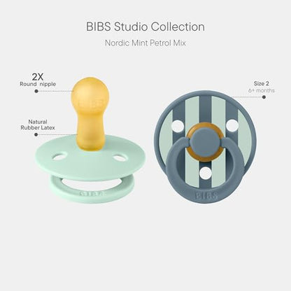 BIBS Pacifiers - Colour Studio 2 Pack | Round Nipple Baby Pacifier | BPA Free Natural Rubber Latex Soother | Made in Denmark | Size 6+ Months | Block Nordic Mint Petrol