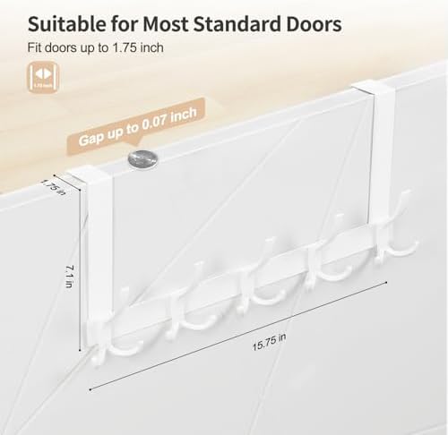 Over The Door Hooks for Hanging, Over The Door Hanger with 5 Triple Coat Hooks, Over The Door Towel Rack for Bathroom, Door Hanger Hooks for Coat, Bags and Hat (White, 2 Pack)
