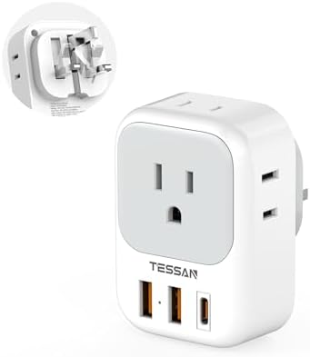 US to UK Plug Adapter, TESSAN UK Adapters for Travel, Foldable Plug with 4 Outlets 3 USB (PD 20W 1 USB C), Type G Power Adaptor for USA to Ireland Scotland England London Hongkong Dubai Irish