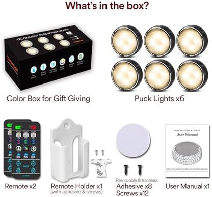 LED Puck Lights with Remote Control, Battery Operated Wireless Closet Light, Under Cabinet Lighting Stick on Tap Push Lights, Color Changing Under Counter Light for Kitchen, 6 Pack - Black