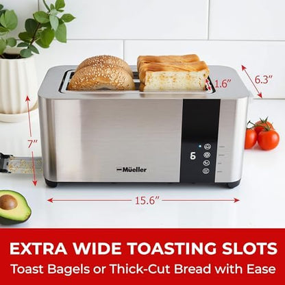 Mueller UltraToast Full Stainless Steel Toaster 4 Slice, Long Extra-Wide Slots for Bagels and Waffles, 6 Browning Levels, LED Display, Cancel/Defrost/Reheat Functions & Removable Tray, Kitchen Gadgets