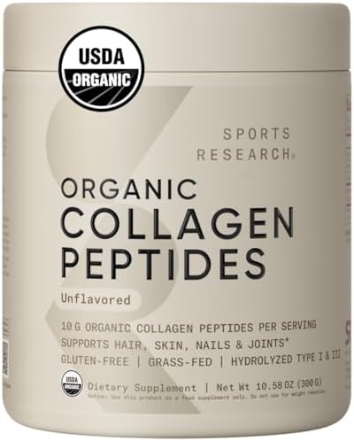 Sports Research Organic Collagen Peptides - Hydrolyzed Type I & III Collagen Protein Powder Made Sustainably from Grass-Fed Cows - Unflavored - 30 Servings