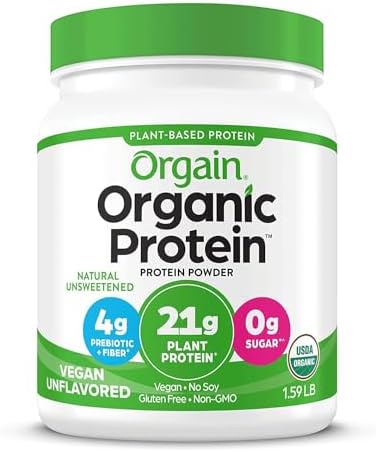 Orgain Organic Unflavored Vegan Protein Powder, Natural Unsweetened - 21g of Plant Based Protein, Non Dairy, Gluten Free, No Sugar Added, Soy Free, Non-GMO, 1.59 lb (Packaging May Vary)
