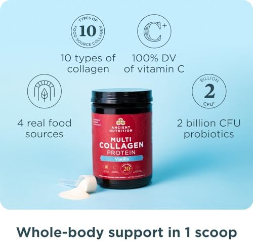 Ancient Nutrition Collagen Peptides Powder, Multi Collagen Protein, Women & Men, Vitamin C, Probiotics, Hydrolyzed Collagen, Supports Skin, Joints, Gut Health, Vanilla, 60 Servings