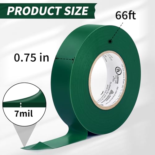 Electrical Tape, 10 Rolls General Use PVC Electric Tape, UL/CSA Listed ¾ in x 66 ft Insulating Vinyl Tape for Electrical, Repairs, Automotive and Equipment, EE-100, Green
