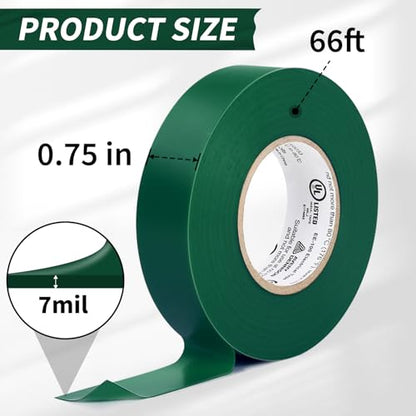 Electrical Tape, 10 Rolls General Use PVC Electric Tape, UL/CSA Listed ¾ in x 66 ft Insulating Vinyl Tape for Electrical, Repairs, Automotive and Equipment, EE-100, Green