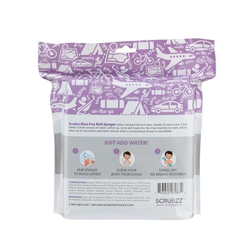Scrubzz Disposable No Rinse Bathing Wipes - All-in-1 Single Use Shower Wipes, Simply Dampen, Lather, and Dry Without Shampoo or Rinsing (Lavender, 3-Pack)