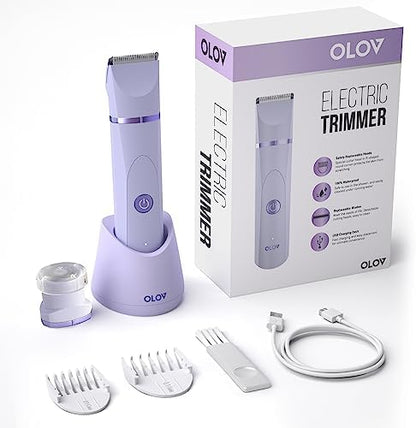 OLOV Electric Body Hair Trimmer - Groin Trimmer for Men - Bikini Trimmer Women - Wet/Dry Shaver Groomer, Replaceable Ceramic Blade Heads, USB Recharge Dock, Waterproof Hygiene Razor,Purple