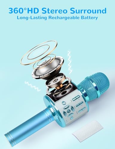 Amazmic Kids Karaoke Microphone Machine Toys for Girls Bluetooth Microphone with LED Light, Birthday Gift for Girls Boys 3 4 5 6 7 8 9 10 11 12 Year Old Kids Toys(Blue)