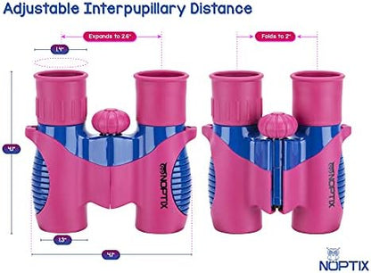 Binoculars for Kids, Girls or Boys Real Kids Binoculars in Vibrant Pink Blue - includes Sticker Book with 40 Bird Species - Kids Toys Small Binoculars, Toddler Binoculars