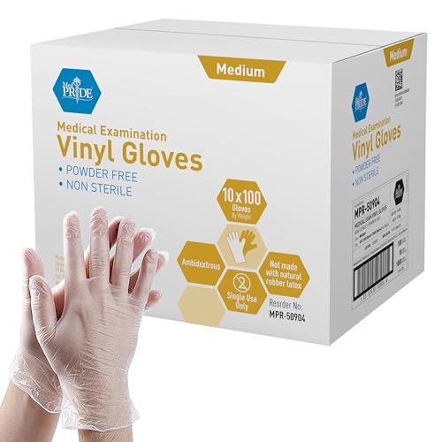 MED PRIDE Medpride Medical Vinyl Examination Gloves | Latex and Powder Free | Disposable, Ultra-Strong, Clear (1000, Medium (Pack of 1000))