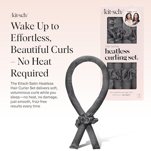 Kitsch Satin Heatless Curling Set – Heatless Hair Curler for Women, Hair Curler to Sleep In - with 2 Satin Scrunchies for Overnight Curls – No Heat Damage Styling with Heatless Curler - Charcoal