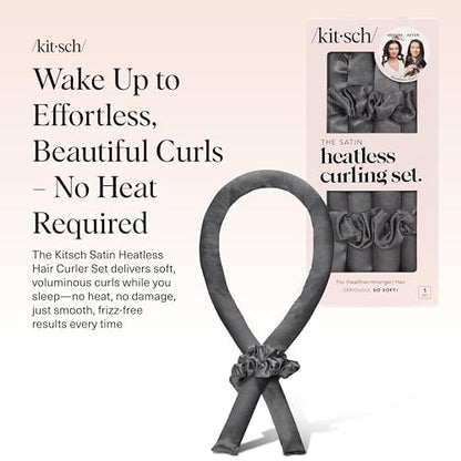 Kitsch Satin Heatless Curling Set – Heatless Hair Curler for Women, Hair Curler to Sleep In - with 2 Satin Scrunchies for Overnight Curls – No Heat Damage Styling with Heatless Curler - Charcoal