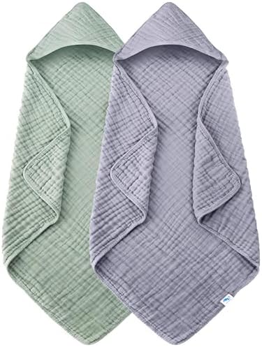 SWEET DOLPHIN Muslin Hooded Baby Bath Towels - 2 Pack 100% Cotton Towel for Babies, Infants, Toddlers - 32x32Inch - Highly Absorbent and Newborn Essential, Green and Grey