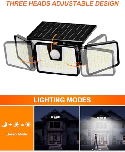 INCX Solar Lights Outdoor Waterproof, 3000 LM 156 LED Motion Sensor Outdoor Lights, 3 Heads Solar Powered Security Flood Light Motion Detected Spotlight for Patio Garage Yard Entryways, 2 Pack Black