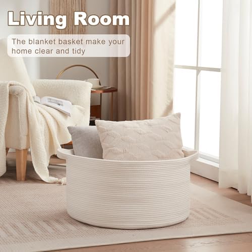 Large Woven Baskets for Storage, 22.8" x 22.8" x 13" Blanket Storage Living Room, Baby Toy Basket for Clothes, Pillows, Towels, Shoe Basket for Entryway (White)