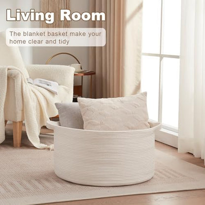 Large Woven Baskets for Storage, 22.8" x 22.8" x 13" Blanket Storage Living Room, Baby Toy Basket for Clothes, Pillows, Towels, Shoe Basket for Entryway (White)