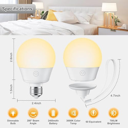 Brightown E26 Rechargeable Light Bulb with Remote and Timer, Battery Backup Bulb for Sconces and Lamps, Magnetic Bulbs for Non-Hardwired Fixture, 3 Color Temperatures + 9 RGB Colors, Dimmable, 2 Pack