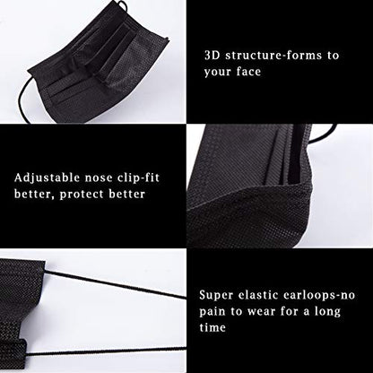 Borje 200 PCS Black Disposable Face Mask 3 Ply Protection Face Masks