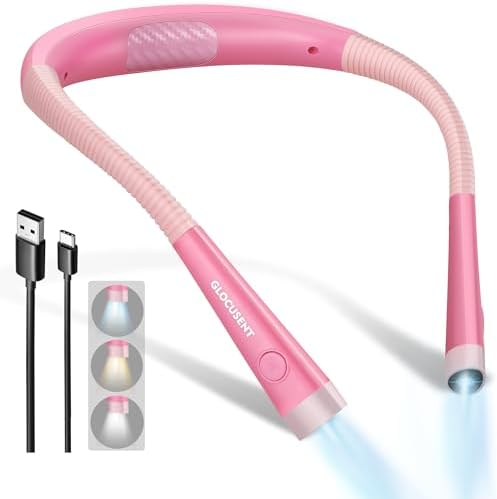 Glocusent Book Light, 3-Color & 6-Brightness Reading Light, Bendable Neck Light, 80-hr Lasting Rechargeable Lamp, Perfect Book Light for Reading in Bed, Knitting, Camping, Repairing, Book Lovers Gifts