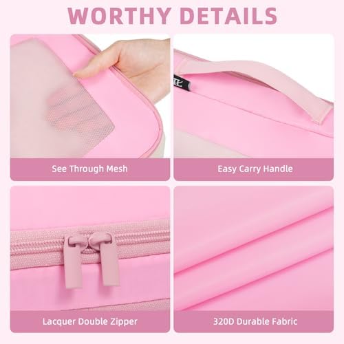 BAGAIL 4 Set/6 Set/8 Set Compression Packing Cubes Travel Accessories Expandable Packing Organizers (Square Mesh, 06-Pink)