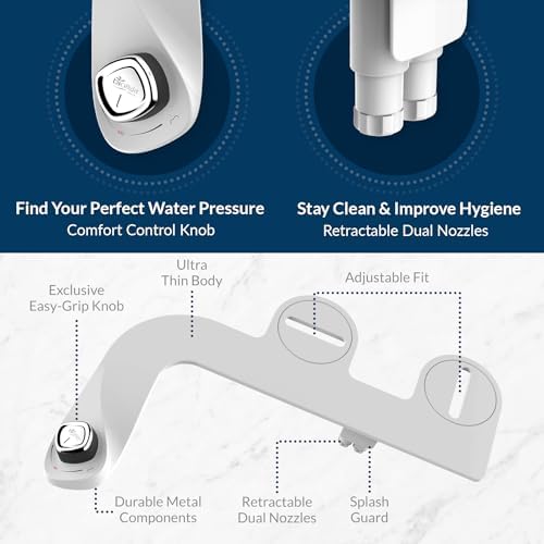 Bio Bidet SlimEdge Simple Bidet Toilet Attachment in White with Dual Nozzle, Fresh Water Spray, Non Electric, Easy to Install, Brass Inlet and Internal Valve