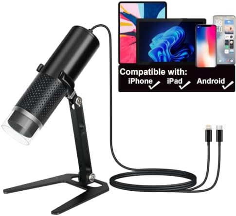 Digital USB Microscope Camera for iPhone iPad Android Phone Tablet, 50 to 1000X Mobile Coin Adult Student Kid Scope Jewelers Loupe 1920x1440P Recording with Metal Stable Stand - Not for PC