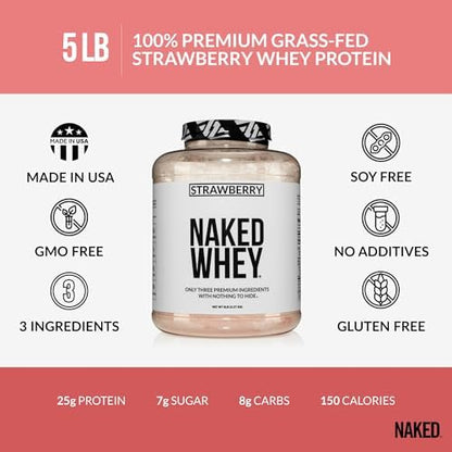 NAKED Strawberry Whey Protein - All Natural Grass Fed Whey Protein Powder + Dried Strawberries + Coconut Sugar- 5lb Bulk, GMO-Free, Soy Free, Gluten Free. Aid Muscle Growth & Recovery - 61 Servings