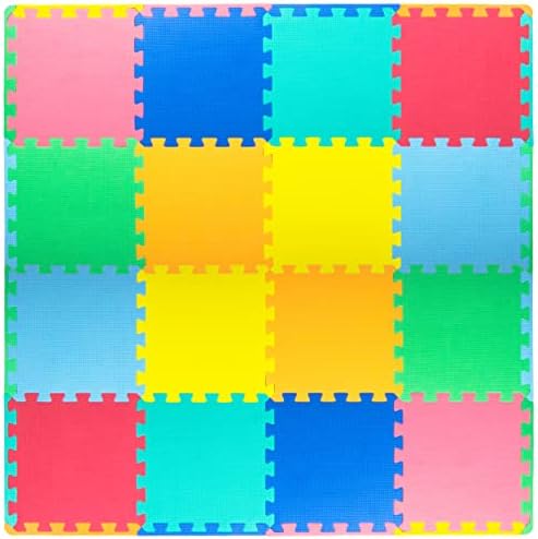 ProSource Foam Puzzle Floor Play Mat for Kids and Babies with Solid Colors, 36 or 16 Interlocking Tiles with Borders, Assorted