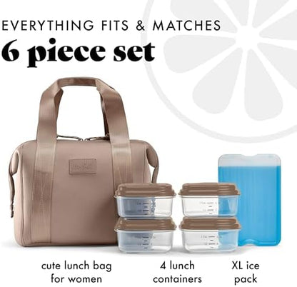 Fit & Fresh Neoprene Like Lunch Bag For Women, Insulated Womens Lunch Bag For Work, Tear & Stain Resistant Large Lunch Box With Containers and Ice, Machine Washable Remi Lunch Bag, Taupe