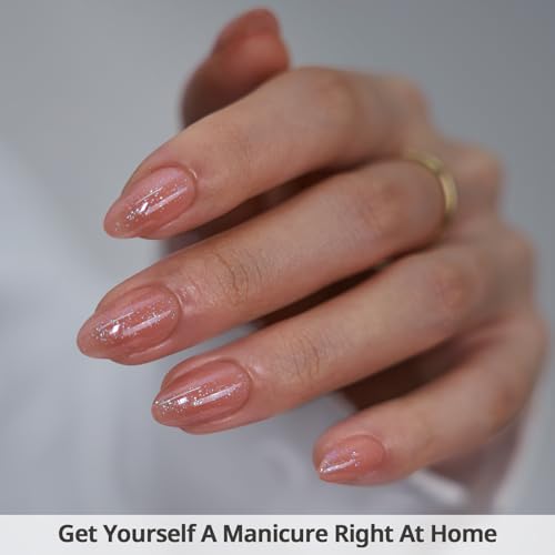 BTArtbox Press On Nails Short - Lamp-Curable Sparkly Almond Press On Nails with Glue for Women, Semi-Transparent Soft Gel Glue On Nails in 16 Sizes - 32 Stick On Nails Kit, Citrine Glow