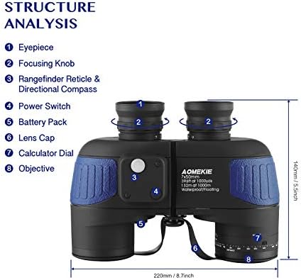 AOMEKIE 7X50 Marine Waterproof Binoculars for Adults with Illuminated Rangefinder Compass BAK4 IPX7 for Boating Military Navigation Hunting Fishing Water Sports