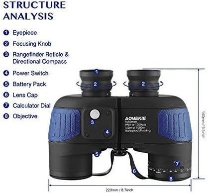AOMEKIE 7X50 Marine Waterproof Binoculars for Adults with Illuminated Rangefinder Compass BAK4 IPX7 for Boating Military Navigation Hunting Fishing Water Sports