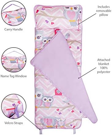 EVERYDAY KIDS Nap Mat with Removable Pillow - Sweet Owls - Carry Handle with Straps Closure, Rollup Design, Soft Microfiber for Preschool, Daycare, Travel Sleeping Bag - Ages 3-6 Years