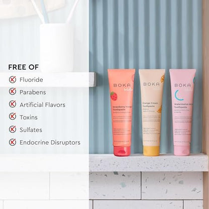 Boka Fluoride Free Toothpaste Nano Hydroxyapatite Toothpaste - Orange Cream, Watermelon Mint, Strawberry Mango Flavor, 4 oz 3Pk US Manufactured