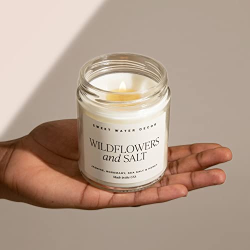 Sweet Water Decor Wildflowers and Salt Soy Candle - Lemon, Rosemary, Leafy Green and Jasmine Spring Candles for Home - 9oz Clear Jar + Gold Lid, 40+ Hour Burn Time, Made in The USA