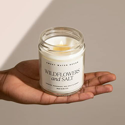 Sweet Water Decor Wildflowers and Salt Soy Candle - Lemon, Rosemary, Leafy Green and Jasmine Spring Candles for Home - 9oz Clear Jar + Gold Lid, 40+ Hour Burn Time, Made in The USA