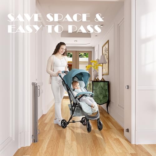 Babepai Retractable Baby Gates Extra Wide | 55" Wide x 38" Tall Dog Gates for Stairs | Indoor/Outdoor Use | Child Gates for Doorways, Deck, Porch, Hallways, Patio - Gray