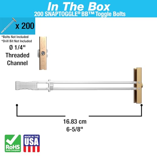 TOGGLER SNAPTOGGLE BB Toggle Anchor, Zinc-Plated Steel Channel, Made in US, 3/8" to 3-5/8" Grip Range, for 1/4"-20 UNC Fastener Size (Pack of 200)