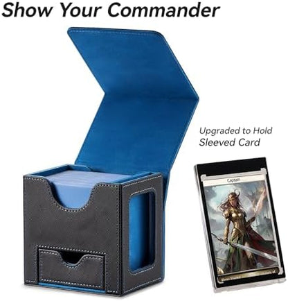 Card Deck Box for MTG Commander - Patented Design, Commander Display, Fits 100 Double-Sleeved Cards, 35pt Card Brick & Dice Tray - Black/Blue