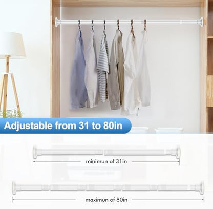 White Shower Curtain Rod 31 to 80 Inch,1 Inch Diameter Adjustable Spring Tension Stainless Steel Telescoping Rod,Easy Install,No Rust