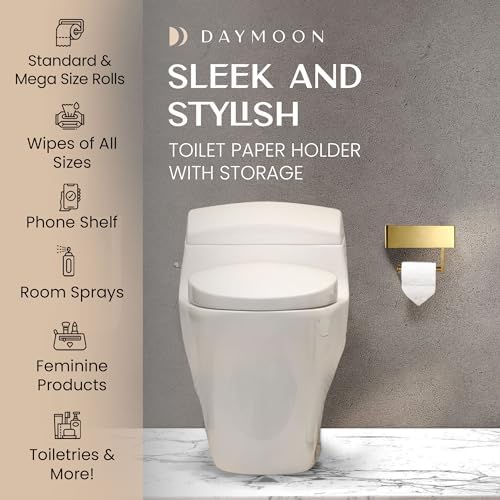 Day Moon™ Brushed Gold Toilet Paper Holder with Shelf, Wipe Holder for Bathroom Flushable Wipes Dispenser, Toilet Paper and Wipes Holder, Toilet Paper Holder with Storage
