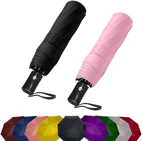 SIEPASA Two Packs Auto Open & Close Small Travel Umbrella Compact for Backpack-Umbrellas for Rain, Windproof Lightweight Strong Mini Portable Umbrellas for Men and Women.(Black & Pink, 2 Pack)