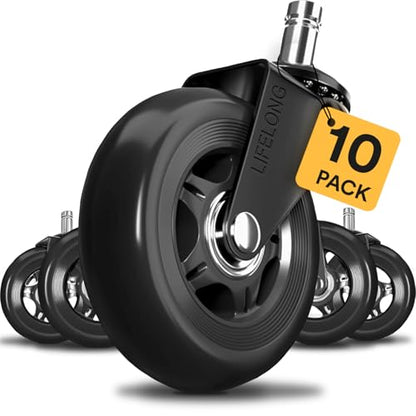 Lifelong Office Chair Wheels Replacement Rubber Chair Casters for Hardwood Floors and Carpet, Set of 5, Heavy Duty Casters for Chairs to Replace Office Chair Mats - Fits 98% (10 Pack)