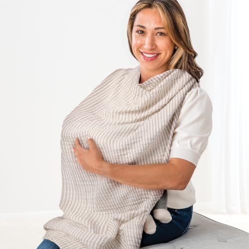 Itzy Ritzy Breastfeeding Boss Multi-Use Cover – A Nursing Cover, Swaddle, Car Seat Cover, Tummy Time Mat & Burp Cloth All in One – Made of Soft Muslin Fabric & Measures 47” x 47” (Taupe Stripe)