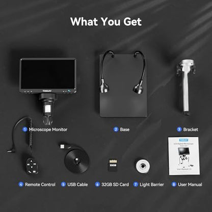 TOMLOV DM9B 7" Digital Microscope: 1080P 1200X Coin Microscope Magnifier, 12MP Ultra-Precise Focusing LCD Soldering Microscopes for Adults, PC View, 32GB, Black