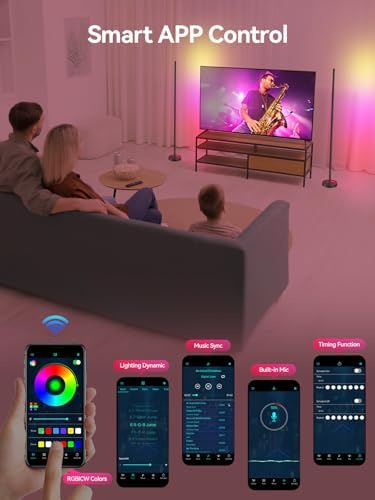 Smart RGBICW LED Corner Floor Lamp - 16 Million DIY Colors, 68+ Scenes, Music Sync, App & Remote Control, Color-Changing Ambient Lighting for Living Rooms, Bedrooms, and Gaming Rooms